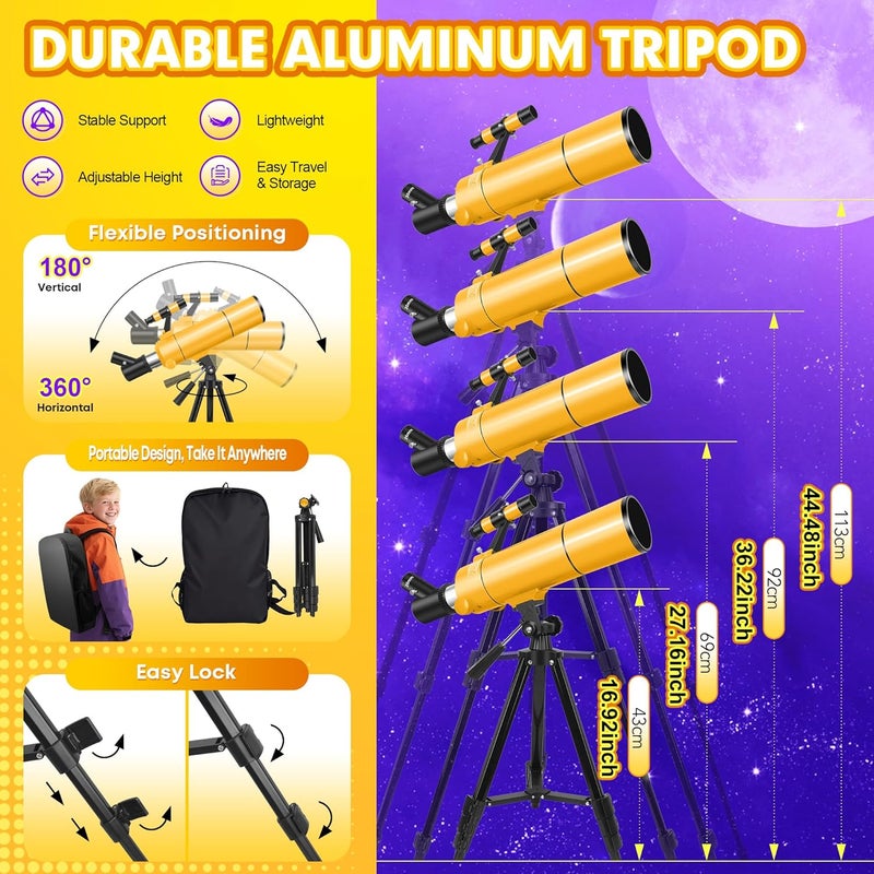 MEEZAA Telescope for Adults & Kids, 80mm Aperture 500mm Portable Refractor Telescope for Astronomy Beginners, Professional Travel Astronomical Telescopes with Tripod, Stickers, Phone Adapter, Backpack - Image 5